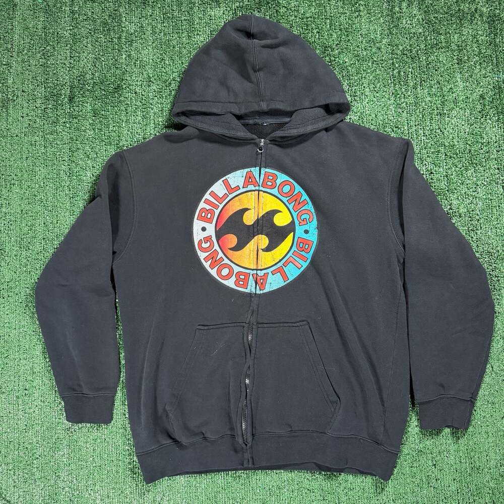 Billabong Vintage Black Graphic Full-Zip Hoodie Sweatshirt Large